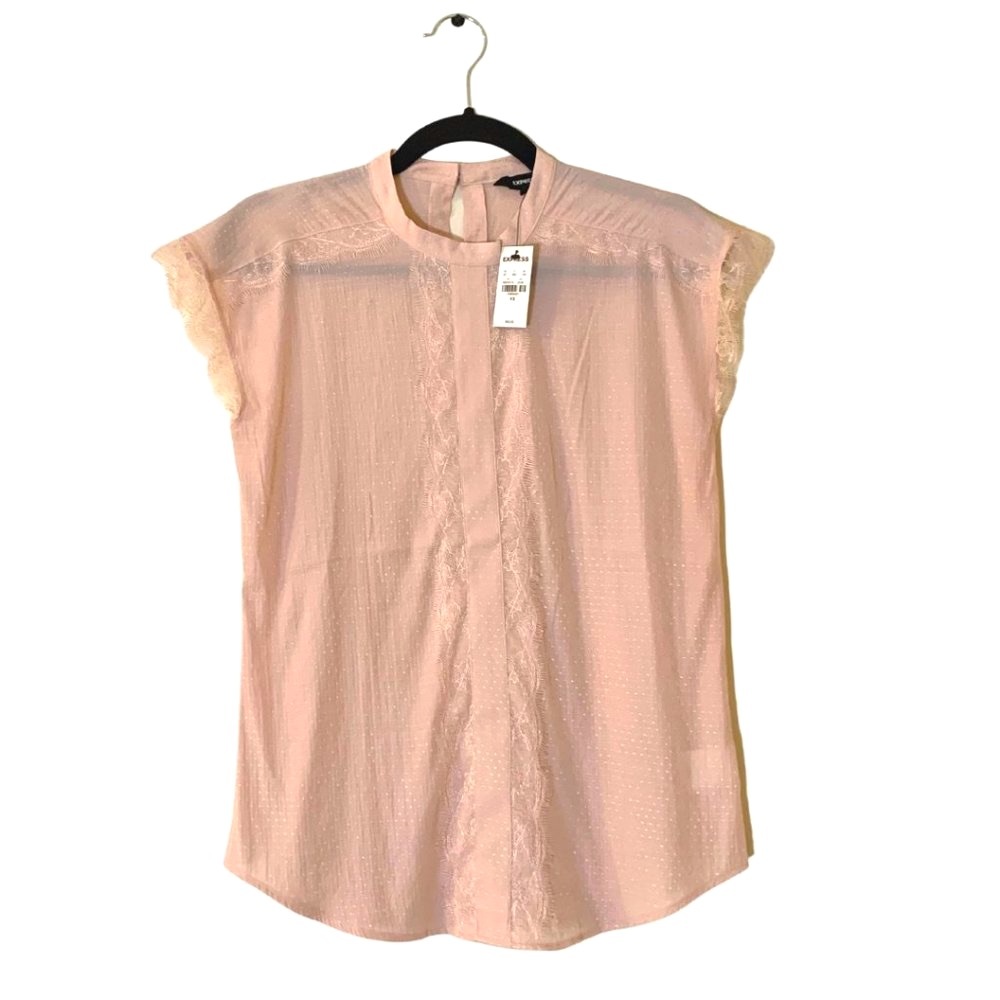 Express | Pink Metallic Lace Pieced Mock Neck Top | XS
